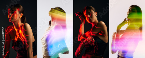 Collage with portraits of young girl, woman over white and dark background with mixed neon colored light on her body. Two part of personality