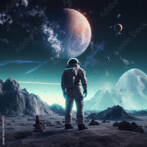 An astronaut wearing a space suit and looking at another planet. A lost astronaut standing on an alien planet. Beautiful space travel and cosmology concepts with an astronaut. Generative AI.