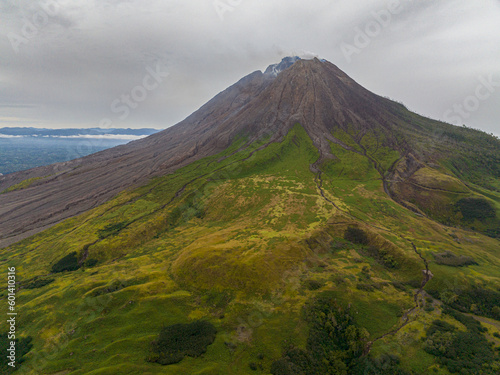 Aerial view of mount Sinabung is an active volcano on the island of Sumatra, Indonesia.