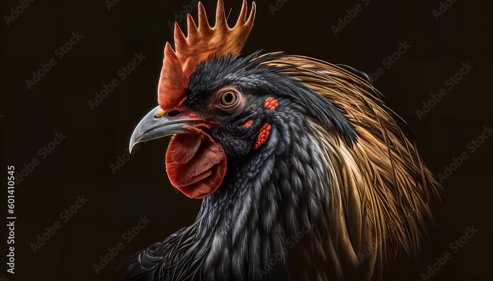 Close-up of a rooster on a black background, Generative by AI