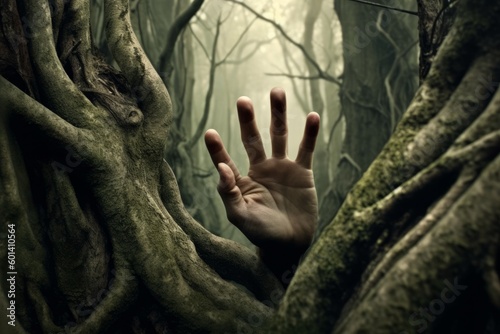 A forest with trees that have human hand