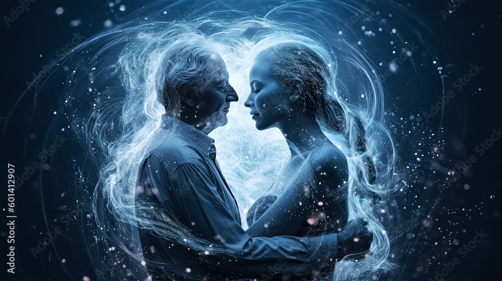 Man and woman, old and young, father and daughter, dance, love, hug, memories, thoughts, dynamic background, flying particles, cold blue colors, Generative AI