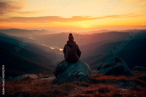Girl in a warm hat sits on a mountain and admires the beautiful view of dawn or sunset.AI generated. © graja