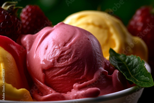 Scoop of colorful  artisanal gelato  showcasing the smooth texture and the swirls of fruit flavors  such as strawberry and mango.