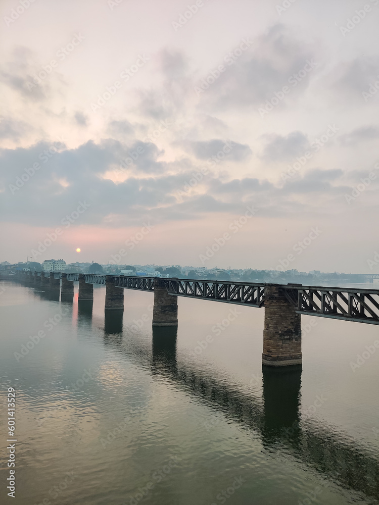 Railway bridge on the river godavari in rajahmundry, India. Also called Godavari Bridge.