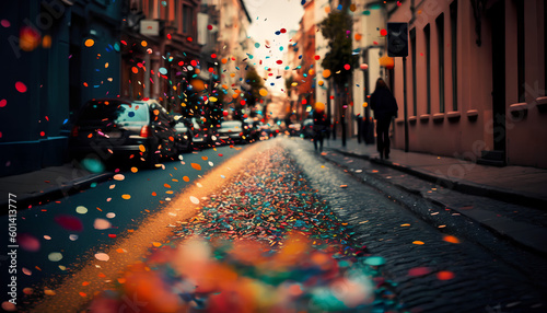 Fototapeta Naklejka Na Ścianę i Meble -  an empty long street with scattered confetti, Generative by AI