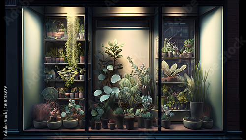 a view of the night shop of plants and flowerpots, Generative by AI © Oleksandr