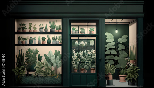 a view of the night shop of plants and flowerpots  Generative by AI