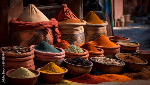 Indian market with bowls containing a large number of different types of spices, Generative by AI