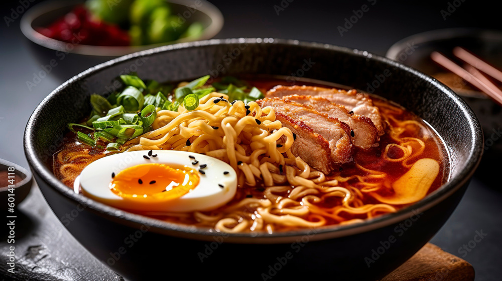 Steaming bowl of spicy ramen, featuring springy noodles, tender slices of pork, and a perfectly soft - boiled egg.