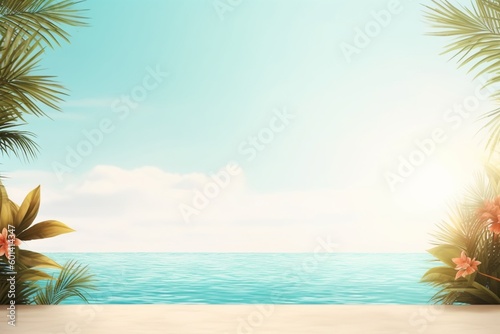 Realistic Summer Background Vibrant Tropical Theme with Ocean View and Palm Trees, Created with Generative AI