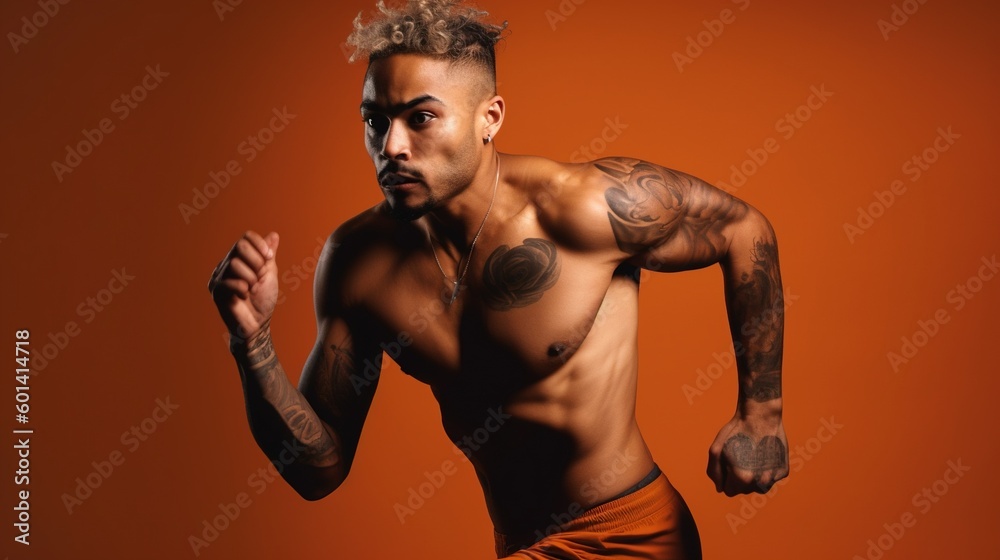 Portrait of a handsome muscular man running on a orange background.Generative Ai