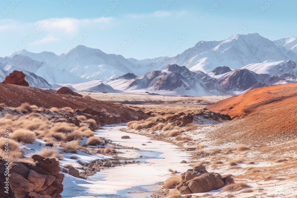 a desert with a snow-capped mountain