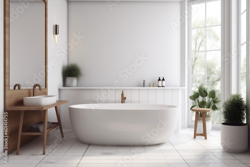 bathtub nobody architecture luxury white bathroom interior home wood modern house. Generative AI.