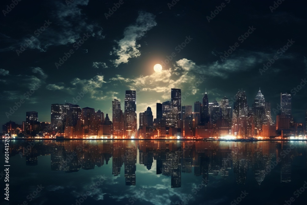  city skyline at night with a full moon in the background