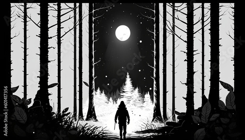 black and white silhouette of a man wandering between tall trees in a dark forest with a full moon in the sky, Generative by AI