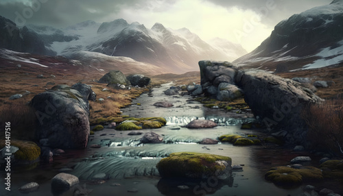 a mountain river with a lot of stones in it and turbulent waters in the mountains, Generative by AI