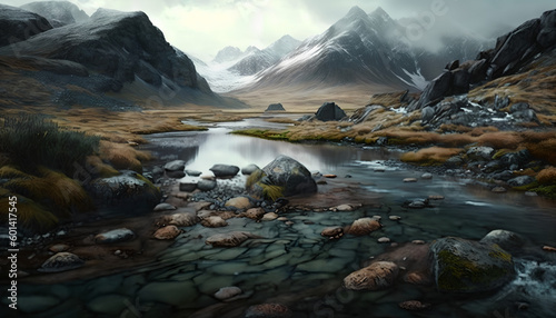 a mountain river with a lot of stones in it and turbulent waters in the mountains, Generative by AI