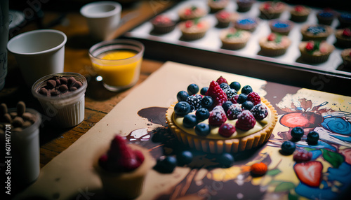 chocolate tarts or muffins with berries on a board or table, Generative by AI