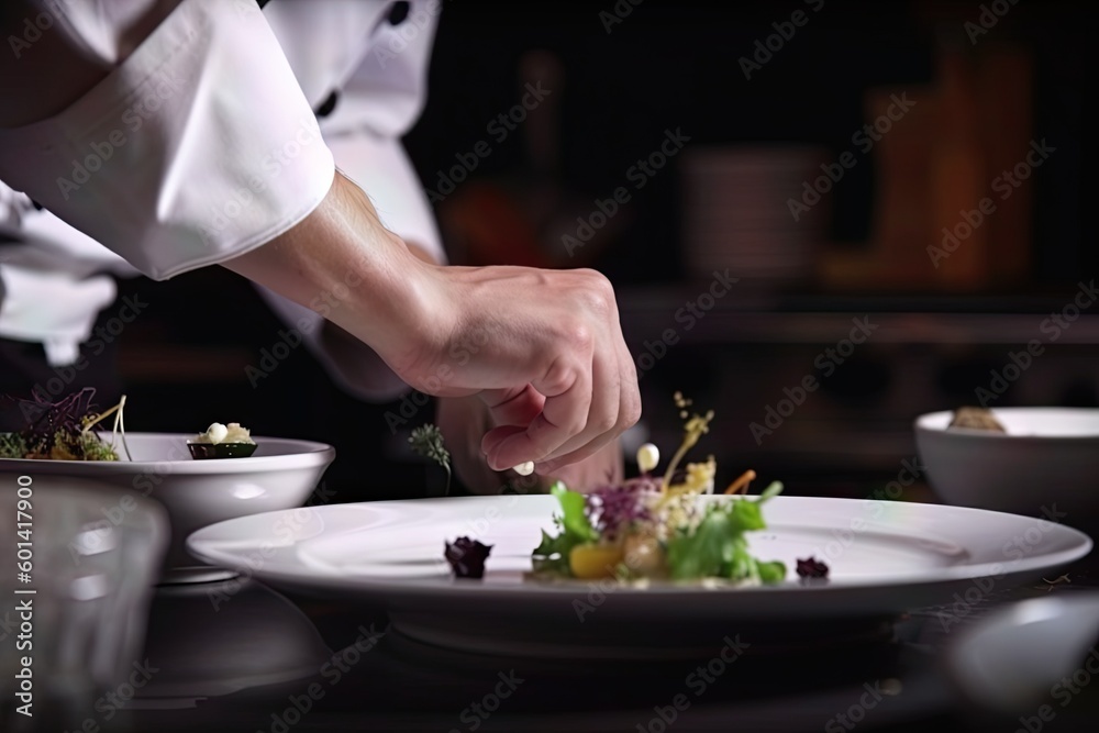 close-up of a chef's hands applying the finishing touches to his dish