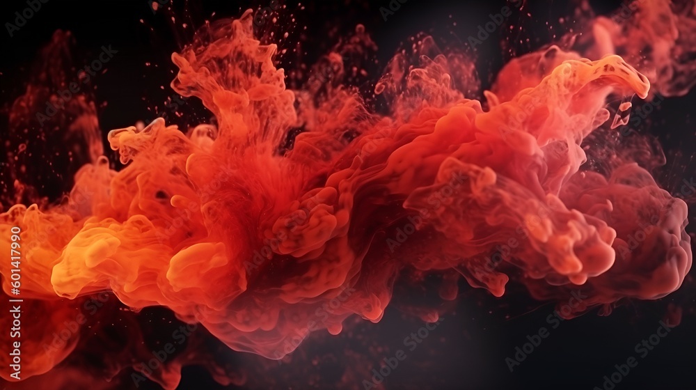 Obraz premium Generative AI, Rwd Shiny Smoke. Paint water mix, Glitter fluid Ink water mist. abstract art orange lowing fog cloud wave, texture paint vapor storm wave on dark black abstract background.