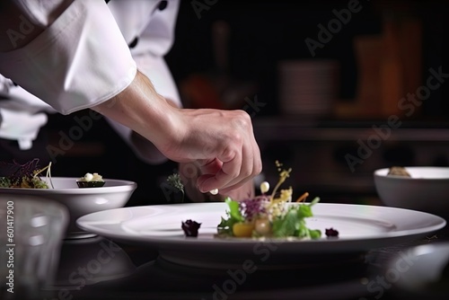 close-up of a chef's hands applying the finishing touches to his dish