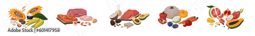 Fresh healthy food products set. Vegetables, meat, fish, fruits. Nutrients group, wholesome natural eating, varied nutrition, ingredients. Flat vector illustrations isolated on white background