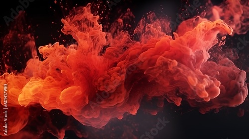 Generative AI, Rwd Shiny Smoke. Paint water mix, Glitter fluid Ink water mist. abstract art orange lowing fog cloud wave, texture paint vapor storm wave on dark black abstract background.