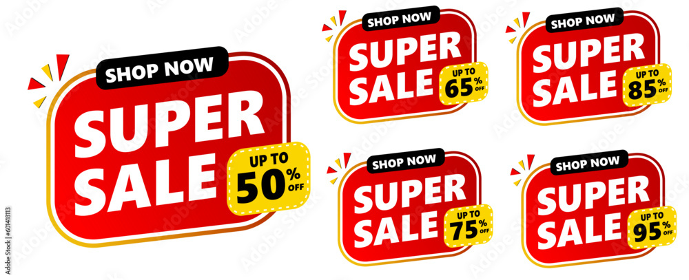 super sale percent label icon on collection set. red, yellow and black vector banner template. 50%, 65%, 95%, 85%, 75%. super sale percent label icon on collection set. red, yellow and black vector banner template. 50%, 65%, 95%, 85%, 75%.