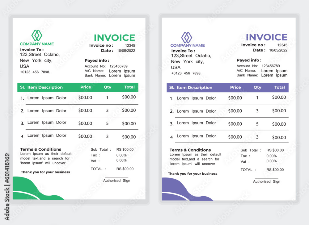 Business Minimal Corporate Invoice design template vector illustration bill form price . Creative template and stationery design payment agreement design template Cash Memo, Vector Quotation Design