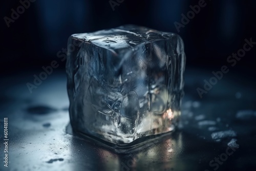 Close-up photo of a single ice cube with a transparent appearance and a dark background
