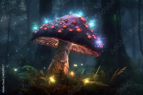 Fantasy landscape with a magic mushroom in the forest, a 3D illustration brought to life by Generative AI