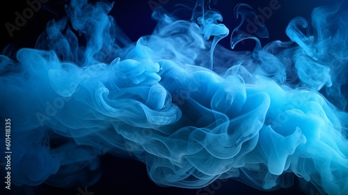 Generative AI, Shiny Smoke. Paint water mix, Glitter fluid. Ink water mist. abstract art Blue lowing fog cloud wave, texture paint vapor storm wave on dark black abstract background.