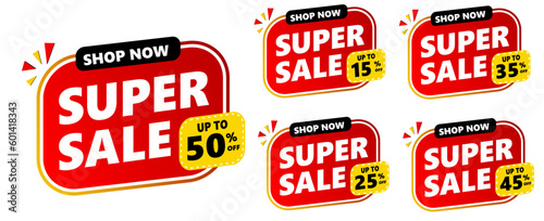 super sale percent label icon on collection set. red, yellow and black vector banner template. 50%, 15%, 25%, 35%, 45%.