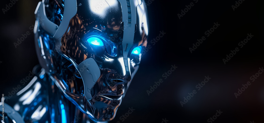 A futuristic android with a metallic body and porcelain skin, and a piercing blue eye that shines brightly, reflecting off the glossy surface of its white face. generative AI.