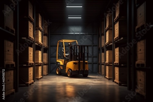 sun distribution transportation logistic box delivery cargo forklift storage warehouse. Generative AI.