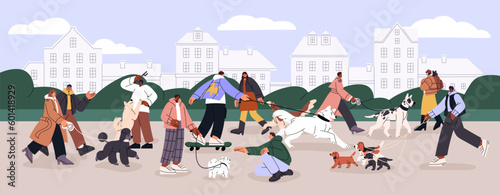 Dog owners walking with doggies on street. Many people strolling, leading puppies on leashes outdoors. Men, women and different canine animals in city park panorama. Flat vector illustration