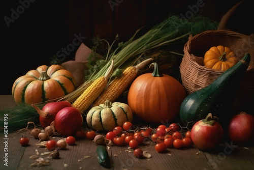 Harvest festival  pumpkin  corn  onion  tomatoes  zucchini harvesting  Thanksgiving Day background  AI Generated