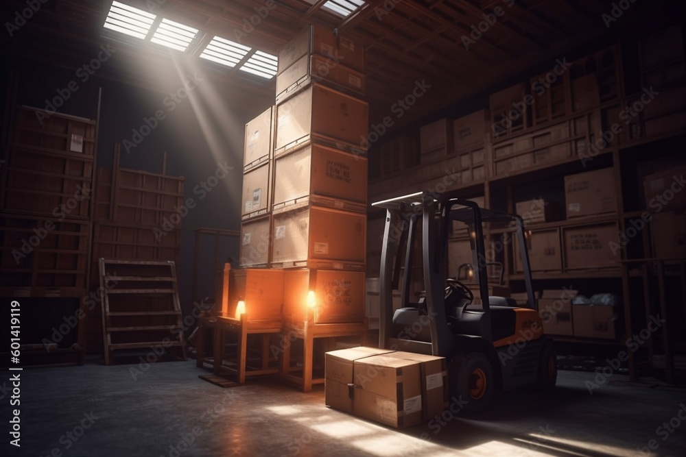 storage warehouse cargo transportation box delivery forklift logistic sun distribution. Generative AI.