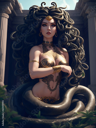 Medusa. Grecian mythological female Gorgon with snakes. Generative Artificial Intelligence. photo