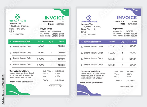 Business Minimal Corporate Invoice design template vector illustration bill form price . Creative template and stationery design payment agreement design template Cash Memo, Vector Quotation Design