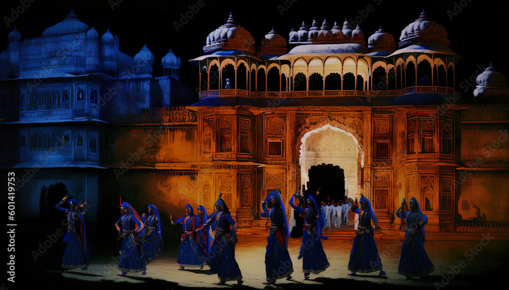 Obraz premium drawing of an Indian settlement at night, Generative by AI