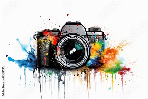 Camera and water splash on white background from generative ai