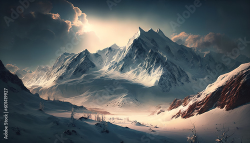 the landscape of snow-capped mountains in the distance, Generative by AI