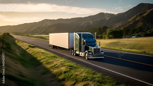 Vibrant Semi Truck on Open Road: Expansive Forest Mountain Landscape Backdrop