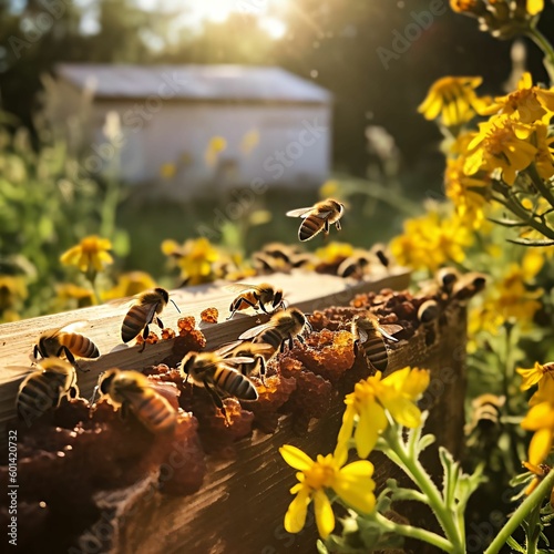 A close-up shot of a beehive, with worker bees busily buzzing around, collecting nectar from the surrounding flowers, and a hive in the background to highlight the importance of pollinators in regener