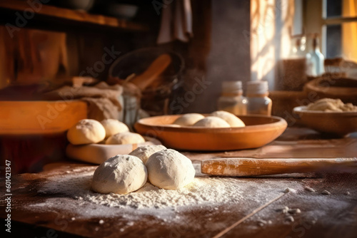 Baking bread, preparing dough, flour and rolling pin on kitchen table, close up. Generative AI
