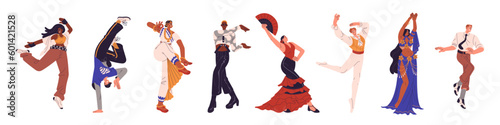 Dancers characters performing different dance styles. People in motion during ballet, vogue, latin, indian performance, breakdancing. Flat vector illustrations set isolated on white background