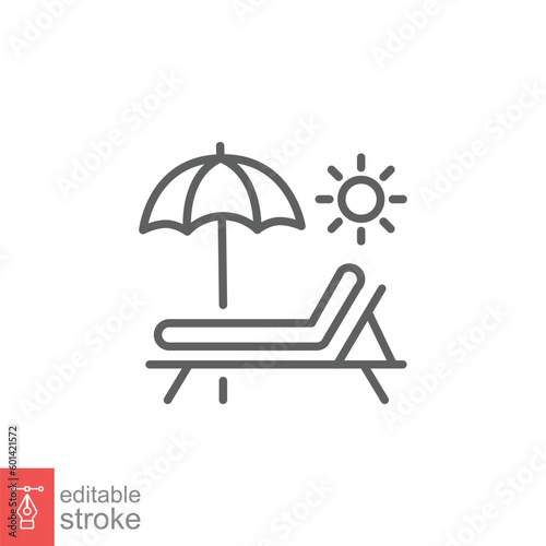 Sunbed icon. Simple outline style. Resort, beach, chair, umbrella, deck, lounger, summer concept. Thin line symbol. Vector symbol illustration isolated on white background. Editable stroke EPS 10.