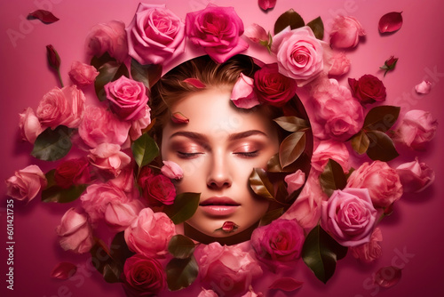 Rose Petal Slumber: A captivating young lady drifting off to sleep on a bed of soft rose petals. Generative AI